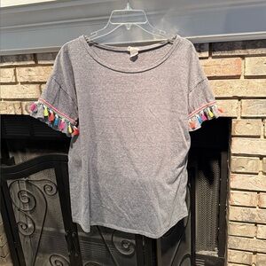 Tassel sleeve Tshirt,grey, size Large, EUC